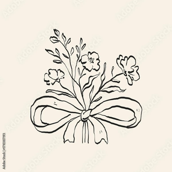 Obraz Botanical drawing. Minimal plant logo, botanical graphic sketch drawing,  meadow greenery, leaf and blooming flower abstract sketch element collection, rustic branch. Trendy tiny tattoo design, floral