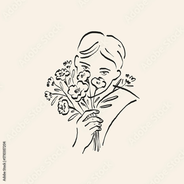 Obraz Botanical drawing. Minimal plant logo, botanical graphic sketch drawing,  meadow greenery, leaf and blooming flower abstract sketch element collection, rustic branch. Trendy tiny tattoo design, floral