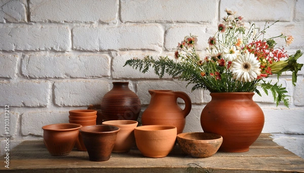 Fototapeta Rustic Still Life With Earthy Pottery And Flowers Against A Whitewashed Brick Wall