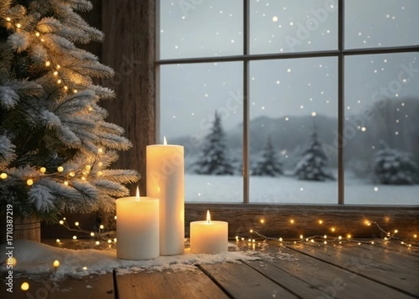 Obraz Cozy christmas scene with glowing candles and snow falling outside a window