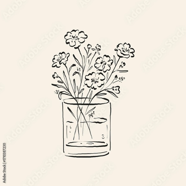 Obraz Botanical drawing. Minimal plant logo, botanical graphic sketch drawing,  meadow greenery, leaf and blooming flower abstract sketch element collection, rustic branch. Trendy tiny tattoo design, floral