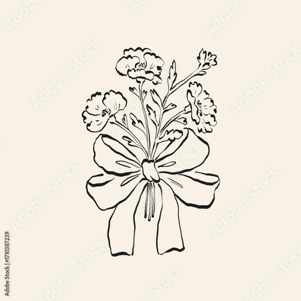 Obraz Botanical drawing. Minimal plant logo, botanical graphic sketch drawing,  meadow greenery, leaf and blooming flower abstract sketch element collection, rustic branch. Trendy tiny tattoo design, floral