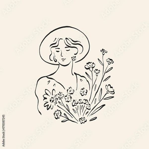 Obraz Botanical drawing. Minimal plant logo, botanical graphic sketch drawing,  meadow greenery, leaf and blooming flower abstract sketch element collection, rustic branch. Trendy tiny tattoo design, floral