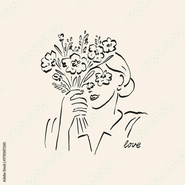 Obraz Botanical drawing. Minimal plant logo, botanical graphic sketch drawing,  meadow greenery, leaf and blooming flower abstract sketch element collection, rustic branch. Trendy tiny tattoo design, floral