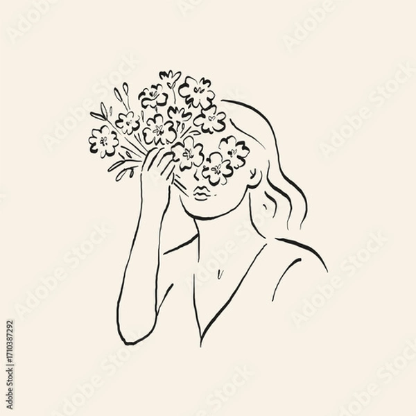 Obraz Botanical drawing. Minimal plant logo, botanical graphic sketch drawing,  meadow greenery, leaf and blooming flower abstract sketch element collection, rustic branch. Trendy tiny tattoo design, floral
