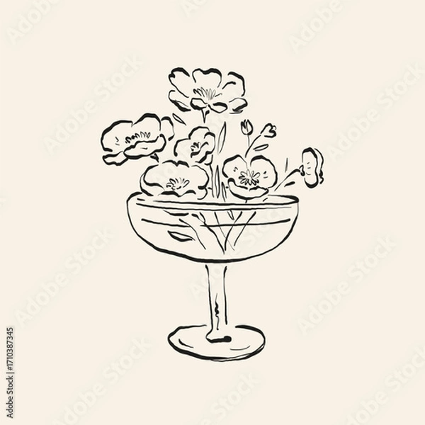 Obraz Botanical drawing. Minimal plant logo, botanical graphic sketch drawing,  meadow greenery, leaf and blooming flower abstract sketch element collection, rustic branch. Trendy tiny tattoo design, floral