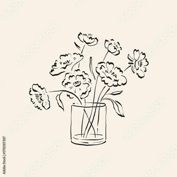 Obraz Botanical drawing. Minimal plant logo, botanical graphic sketch drawing,  meadow greenery, leaf and blooming flower abstract sketch element collection, rustic branch. Trendy tiny tattoo design, floral