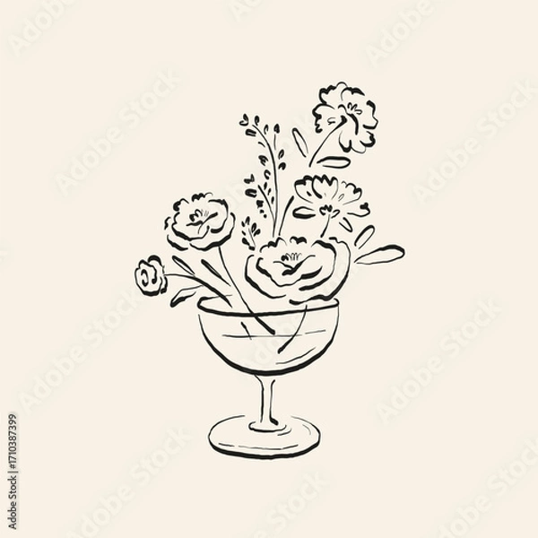 Obraz Botanical drawing. Minimal plant logo, botanical graphic sketch drawing,  meadow greenery, leaf and blooming flower abstract sketch element collection, rustic branch. Trendy tiny tattoo design, floral