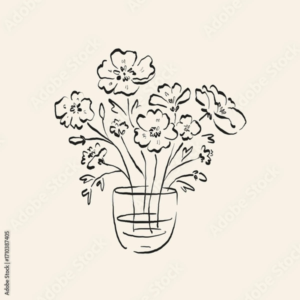 Obraz Botanical drawing. Minimal plant logo, botanical graphic sketch drawing,  meadow greenery, leaf and blooming flower abstract sketch element collection, rustic branch. Trendy tiny tattoo design, floral