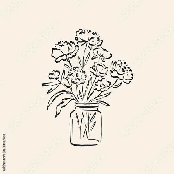 Obraz Botanical drawing. Minimal plant logo, botanical graphic sketch drawing,  meadow greenery, leaf and blooming flower abstract sketch element collection, rustic branch. Trendy tiny tattoo design, floral