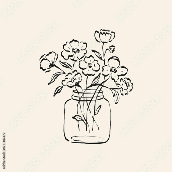 Obraz Botanical drawing. Minimal plant logo, botanical graphic sketch drawing,  meadow greenery, leaf and blooming flower abstract sketch element collection, rustic branch. Trendy tiny tattoo design, floral