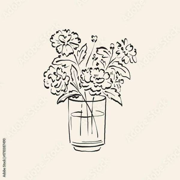 Obraz Botanical drawing. Minimal plant logo, botanical graphic sketch drawing,  meadow greenery, leaf and blooming flower abstract sketch element collection, rustic branch. Trendy tiny tattoo design, floral