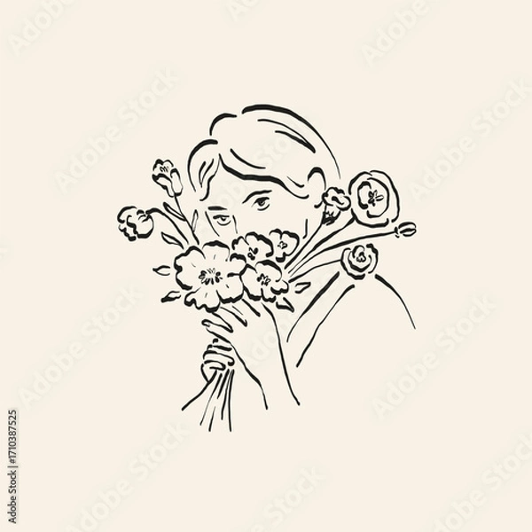 Obraz Botanical drawing. Minimal plant logo, botanical graphic sketch drawing,  meadow greenery, leaf and blooming flower abstract sketch element collection, rustic branch. Trendy tiny tattoo design, floral