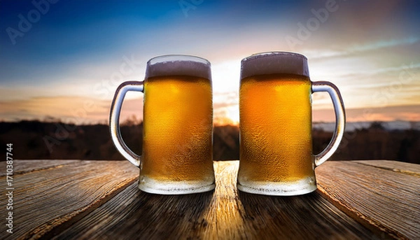 Fototapeta Pair Of Lager Beers On A Rustic Wooden Surface