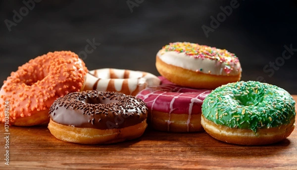 Fototapeta Variety Of Colorful Glazed And Sprinkled Donuts Arranged In Two Rows On A Wooden Surface Against A Dark Background Evoking Sweetness And Indulgence