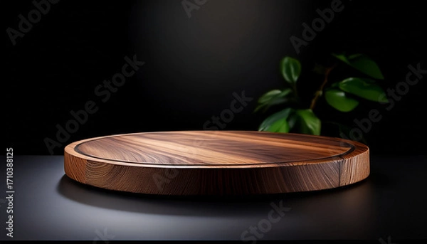 Fototapeta Round Wooden Display Platform On Black Background Ideal For Product Photography Or Presentation