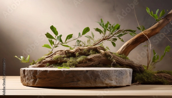 Fototapeta Natural Product Layout With Root Covered Stone Pedestal