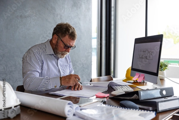 Fototapeta An older male architect or engineer reviews technical drawings at his desk, writing notes beside a computer screen displaying blueprints.