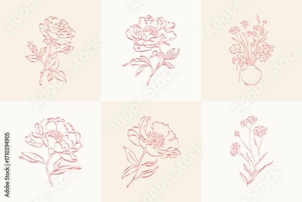Obraz Botanical, Minimal plant flower, hand drawn sketch drawing,  vector illustration