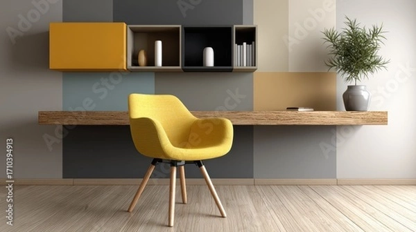 Fototapeta Rustic home office, yellow chair and wooden desk in warmly lit workspace cozy