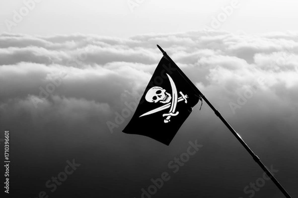 Fototapeta Jolly Roger - pirate flag on wind and sea in cloudy sky