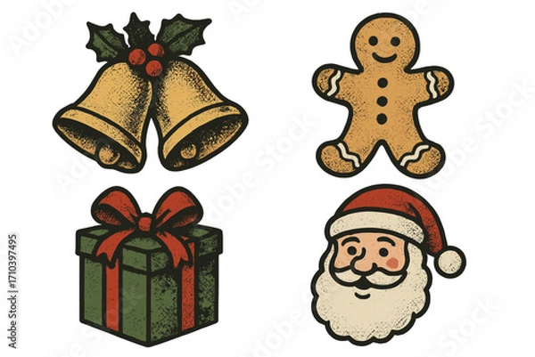 Obraz Retro Christmas sticker set with Santa Claus, gift box, gingerbread man, and jingle bells. Vintage holiday vector illustration with halftone texture for festive design.