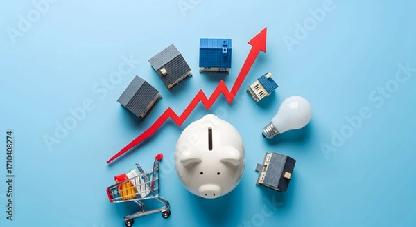 Fototapeta Visual Representation Of Financial Growth With Piggy Bank, Houses, And Arrow Graph Illustrating Investment Success And Future Savings Strategy