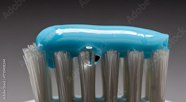 Fototapeta Close Up Of Blue Toothpaste Gel On Toothbrush Bristles Against A Soft Gradient Background For Dental Care And Oral Hygiene Conceptual Imagery