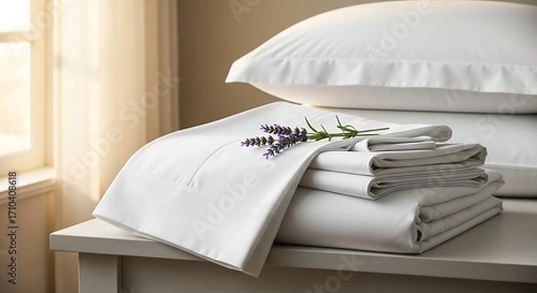 Fototapeta Pristine White Bed Linens Stacked with Lavender Sprig in Gentle Morning Light.