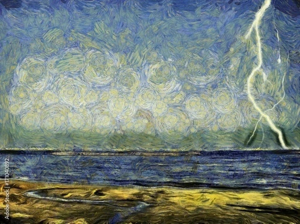 Obraz Artwork illustration- drawing on canvas. Van Gogh style. Pastel art.  Painted in watercolor. Powerful lightning in the sky above the sea. The storm is coming.