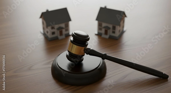 Fototapeta Symbolizing Conflict Resolution in Real Estate Transactions with a Gavel and Houses on a Table, Representing Judicial Authority in Property Disputes