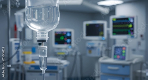 Fototapeta Intravenous Drip Suspended in a Hospital Setting Surrounded by Advanced Medical Monitoring Equipment in an Intensive Care Unit
