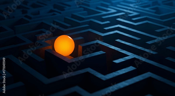 Fototapeta An Intricate Maze with a Glowing Orange Sphere at Its Center Symbolizing Navigation and Discovery in a Modern Abstract Design