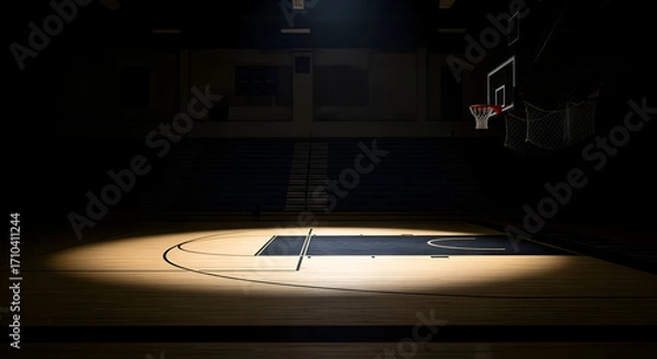 Fototapeta Isolated Spotlight Shines On A Basketball Court Highlighting The Hoop And The Smooth Wooden Floor In An Empty Gym Ready For Action