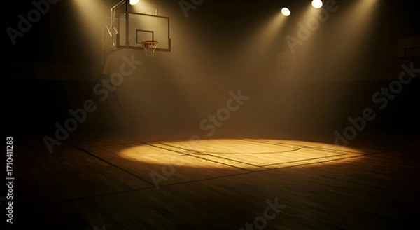 Fototapeta Dramatic Spotlight On An Empty Basketball Court In A Dark Arena With Subtle Lights Creating A Sense Of Anticipation And Excitement