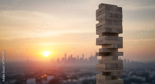 Fototapeta Towering Jenga Stacks Against A Vibrant Sunset Overlooking The Urban Skyline - A Game Of Strategy And Balance In The Great Outdoors