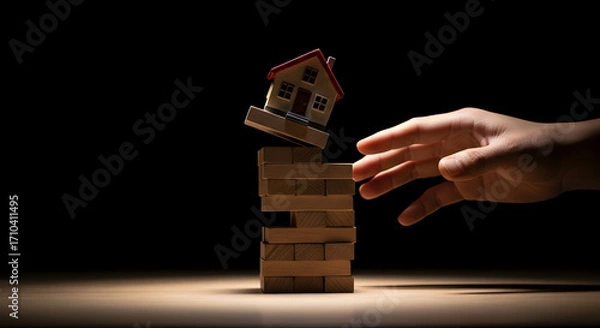 Fototapeta Careful Hand Balancing House on Wooden Jenga Tower Symbolizing Risk and Stability in Play and Construction Game Design Concept