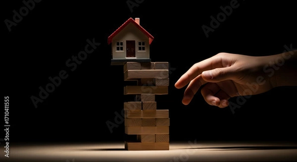 Fototapeta Conceptual Image of a Hand Balancing a Miniature House on Wooden Blocks Representing Risk, Stability, and Homeownership in Architecture and