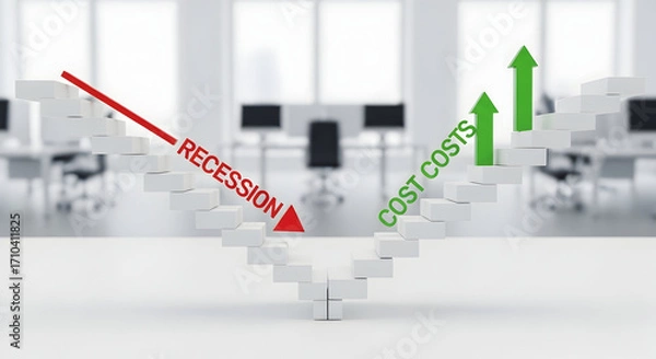 Fototapeta Illustration of Economic Trends with Rising Cost Costs and Declining Recession Displayed on Blocks in a Modern Office Setting