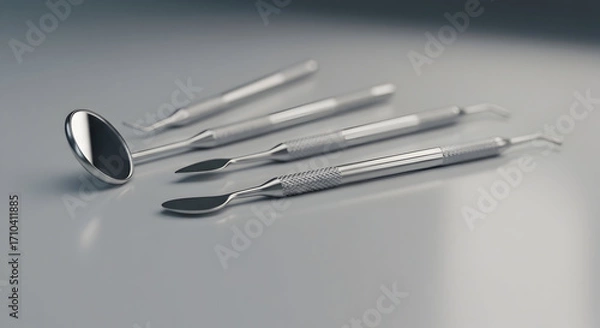 Fototapeta Four Essential Dental Tools Displayed on a Smooth Surface, Highlighting Precision and Functionality in Dentistry Equipment and Instrumentation for