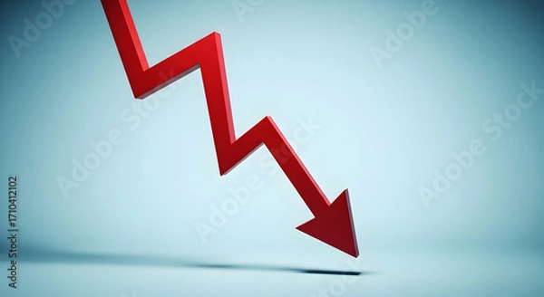 Fototapeta Red Downward Arrow Indicating Decline In Financial Performance And Market Trends, Symbolizing Economic Challenges And Losses In Business Analysis