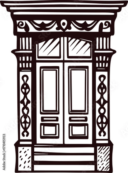 Fototapeta Ornate double door with classical columns and intricate woodwork hand drawn vintage architectural illustration