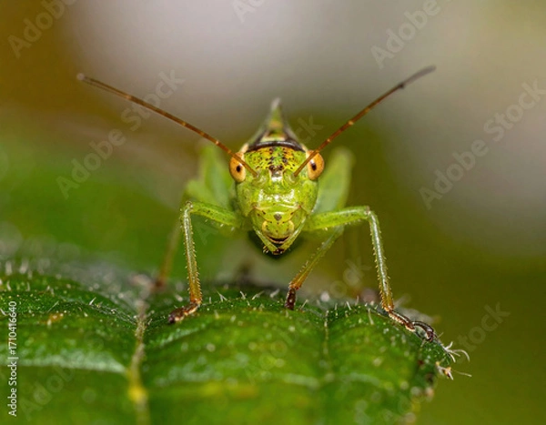 Fototapeta Close-up macro shot of a green grasshopper sitting on a leaf, showing detailed texture and vivid colors.