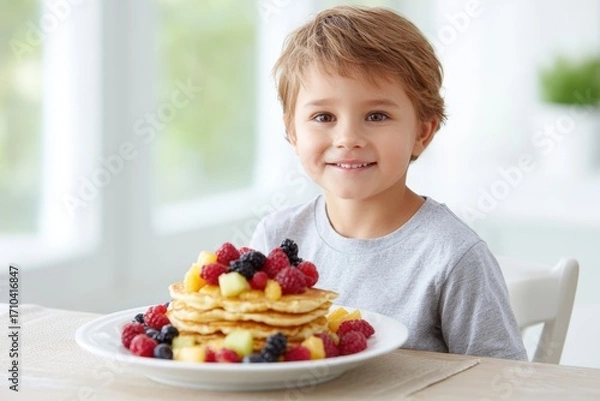 Fototapeta Young boy with light brown hair smiles joyfully at the camera, sitting at a table with a large plate of colorful pancakes topped with fresh fruits, showcasing a delightful breakfast scene