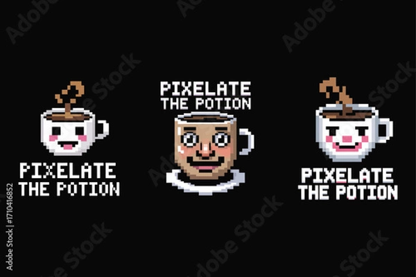 Fototapeta Pixelated coffee cups with faces and text pixel art