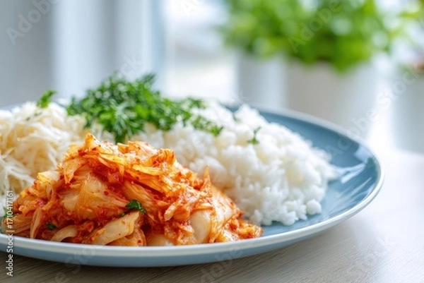 Fototapeta Colorful plate featuring spicy kimchi, fluffy white rice, and fresh herbs, beautifully arranged on a blue dish, showcasing vibrant textures and appetizing presentation