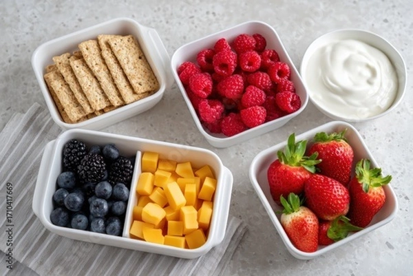 Fototapeta Colorful assortment of fresh fruits, crackers, and yogurt in white bowls on a textured surface, showcasing healthy snack options and vibrant food presentation