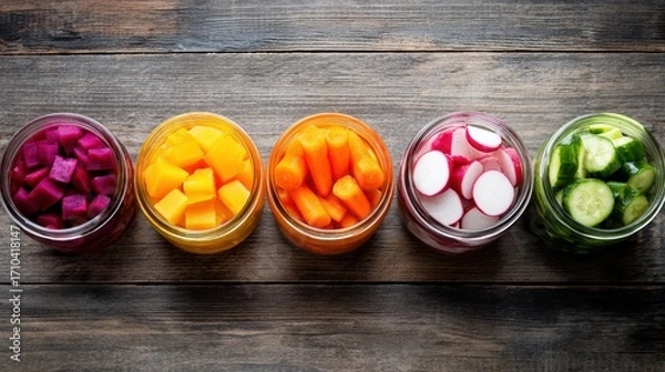 Fototapeta Colorful jars filled with vibrant pickled vegetables including beets, carrots, radishes, and cucumbers arranged on a rustic wooden surface showcasing healthy food preservation techniques