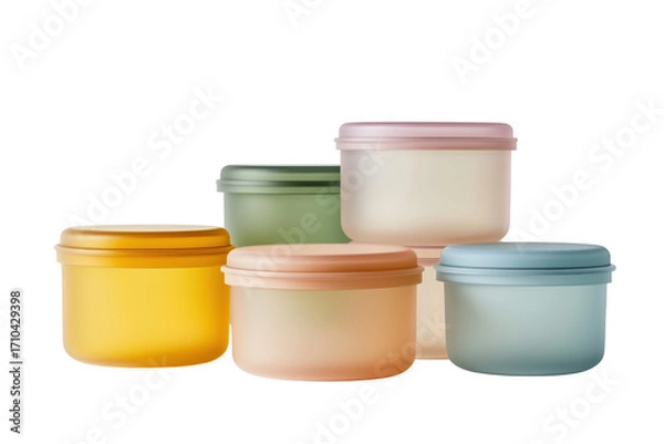 Fototapeta Collection of colorful modern food storage containers with matching lids on transparent background