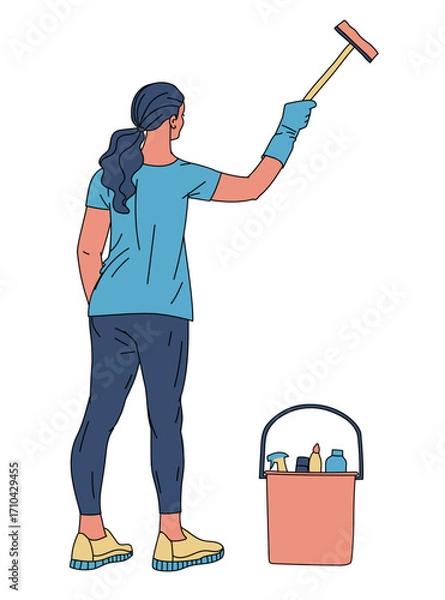 Fototapeta Woman washes window isolated on white background. Girl holds window cleaner tools in hand. Bucket with detergents stands nearby. Apartment or office cleaning service. Vector illustration in flat style